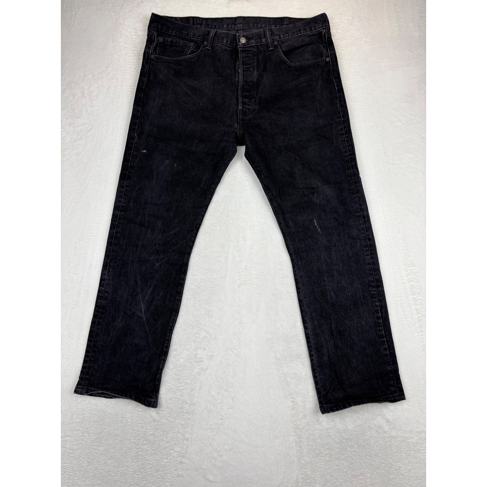 Levis 501 Mens 38x34 Jeans Fuzzy Black Faded Denim‎ Grungy Vintage Styled Wash